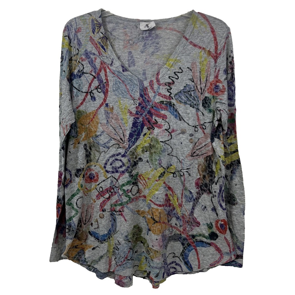 Inoah Women's Top Size M V-Neck Crinkle Abstract Artsy Whimsical Long Sleeves US